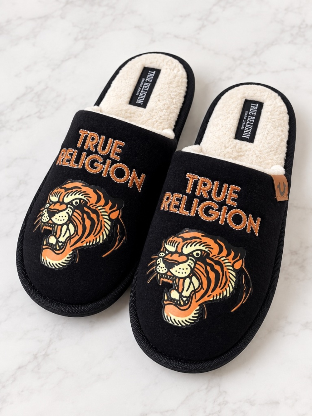 True Religion Mens Slippers M 9-10 Tiger Logo Embroidered Black Plush NWT